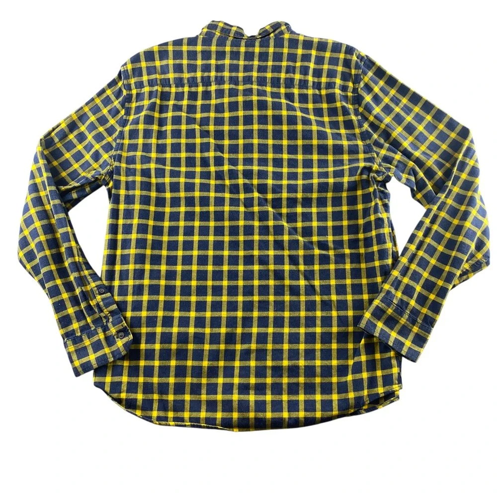 Banana Republic Mens Luxe Flannel Shirt Navy Yellow‎ Plaid Untucked Slim Fit L